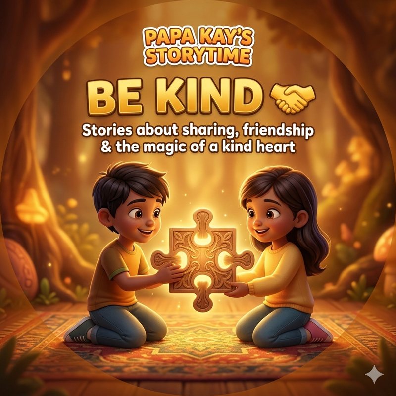 Theme artwork: two children holding a glowing wooden puzzle piece together in a golden forest