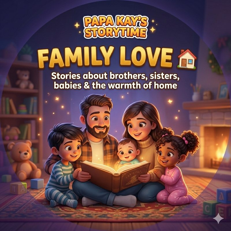 Theme artwork: a mother, father, baby and two children reading a glowing book together at home