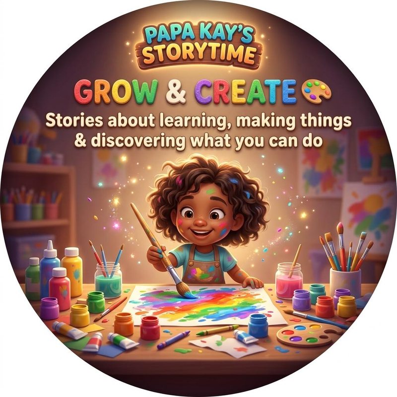 Theme artwork: a smiling child painting a rainbow at a table full of paints and brushes